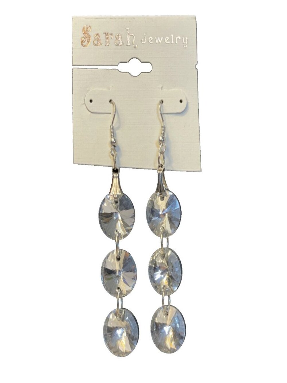 Triple Drop Clear Crystal Dangle Earrings Silver Tone Round Faceted Beads Sarah